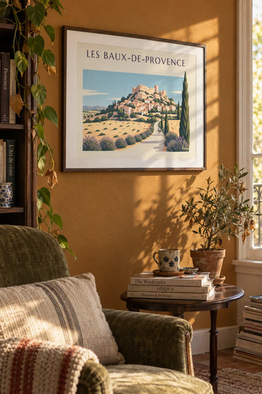 Poster Dorf Les Baux-de-Provence, Lavendel und Zypressen: gerahmt an der Wand