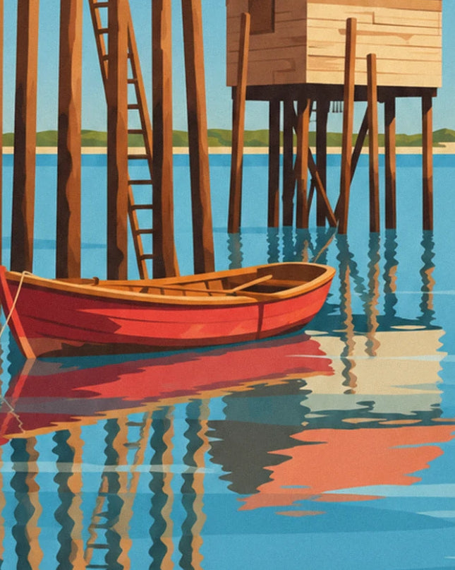 Ein rotes Ruderboot, zwischen den Stelzen festgemacht, seine orangefarbene Spiegelung im blauen Wasser