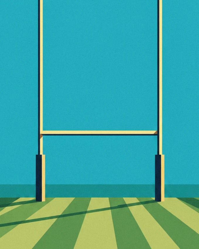 The yellow goalposts and crossbar against a turquoise sky, above the striped pitch