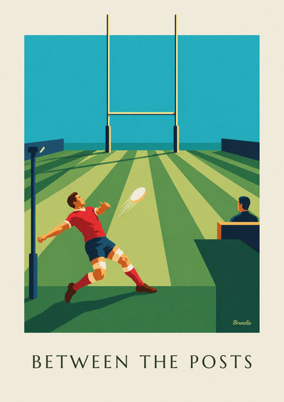 Affiche buteur de rugby et ballon vers les poteaux du stade : l'affiche entière