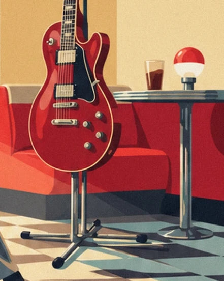 La guitare rouge sur son pied devant une banquette rouge et une table de diner