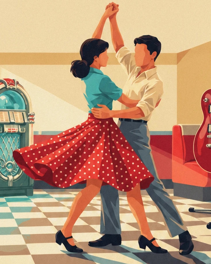 Le couple de danseurs, jupe rouge à pois et chemise crème, près du juke-box