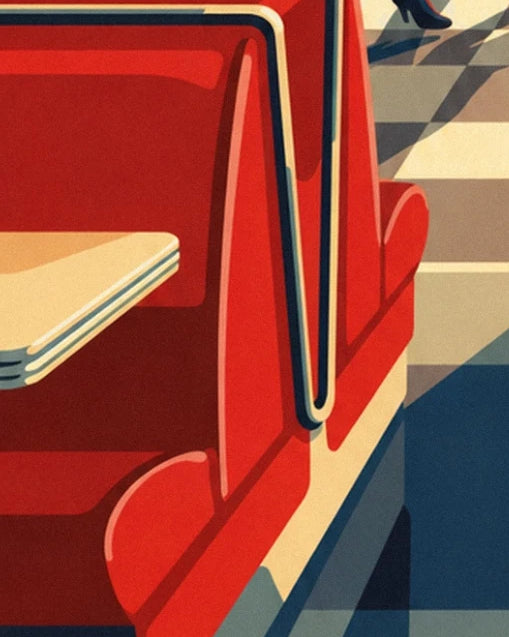 The red booth seats with cream edging, the pale table and the chequered floor