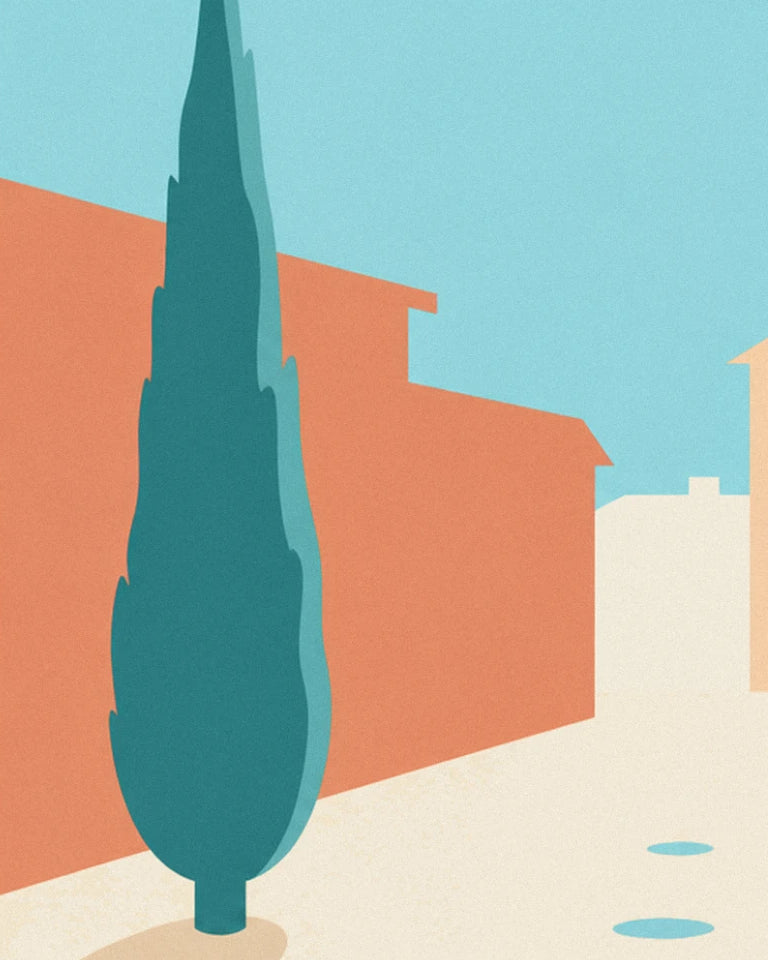 Un cyprès vert sombre devant la façade orangée, sous un ciel bleu clair
