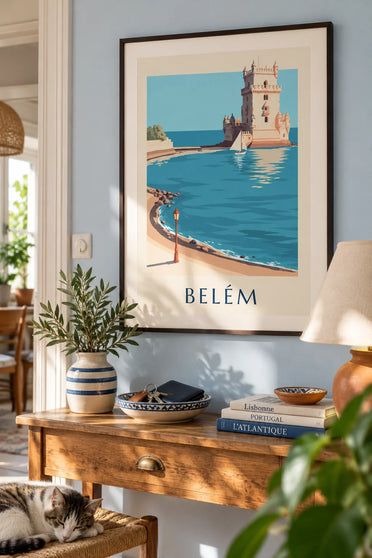 Poster of the Belém Tower and a sailboat on the Tagus in Lisbon: framed on the wall