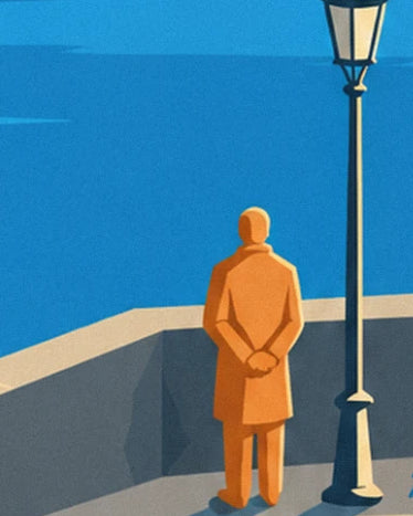A walker in an orange coat, hands behind his back, near a lamp post on the quayside