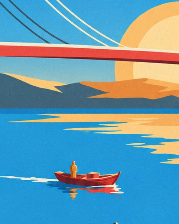 A red rowing boat and its fisherman on the Tage, an orange sun behind the bridge deck