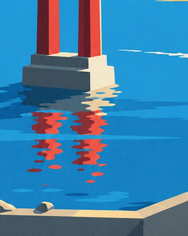 The bridge's 2 red piers on their stone bases, reflected in the blue water of the Tage