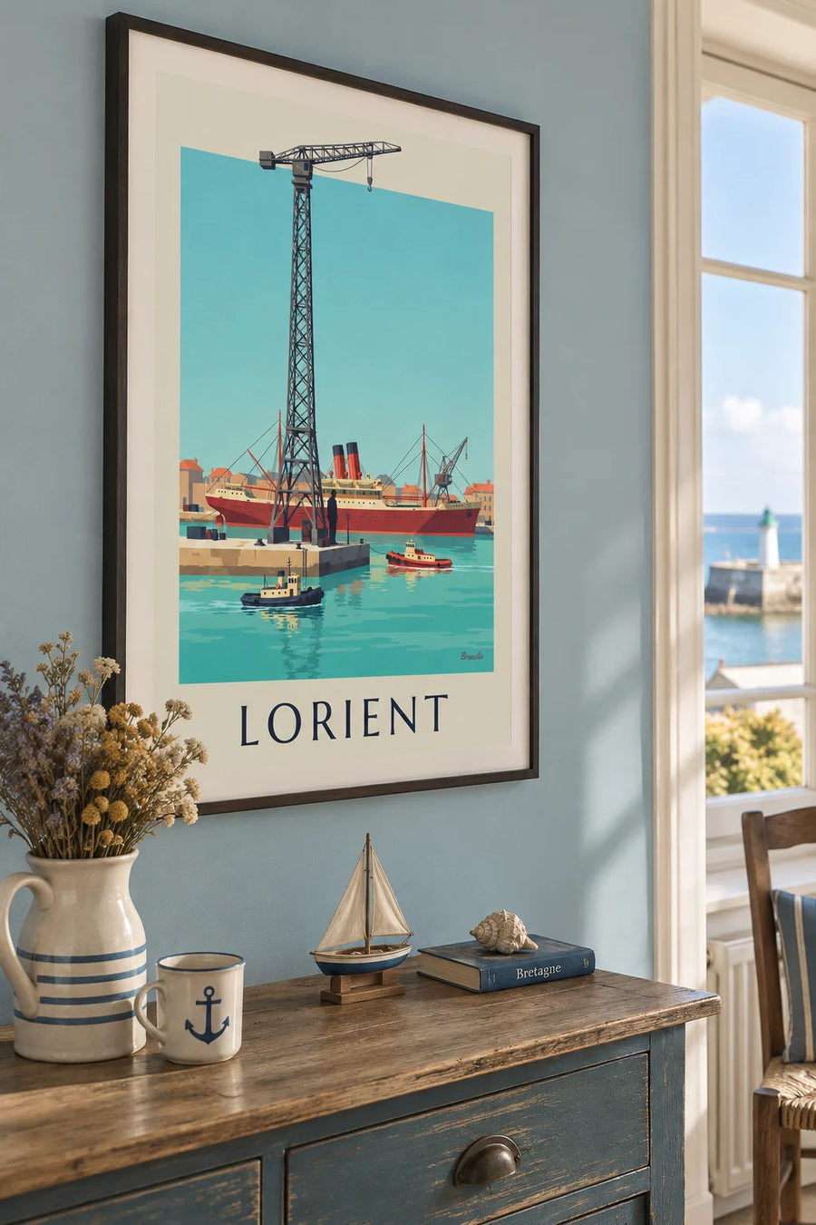 Poster of the port of Lorient and a merchant ship at the quay: framed on the wall