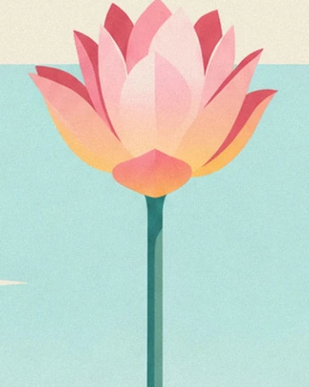 A lotus flower with pink and pale yellow petals on a long green stem