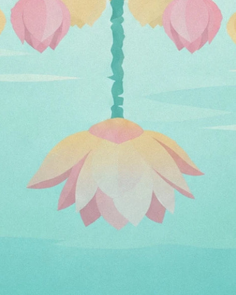 The reflection of a lotus with pale pink and yellow petals in the turquoise water
