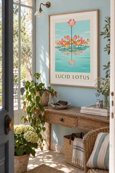Poster fächerförmig angeordnete Lotusblüten auf dem Wasser: gerahmt an der Wand