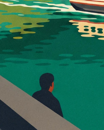 A man in a dark jacket, seen from behind on the quayside, facing the green water and reflections of the Saône
