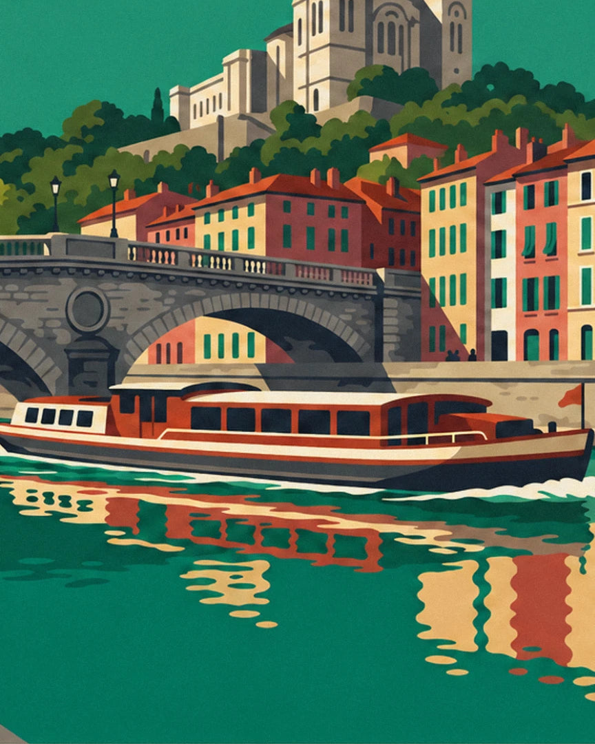 The red and cream boat beneath the stone bridge, with the basilica at the top of the hill