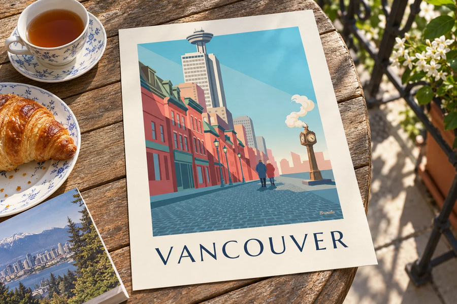 Affiche horloge à vapeur de Gastown à Vancouver : posée sur une table