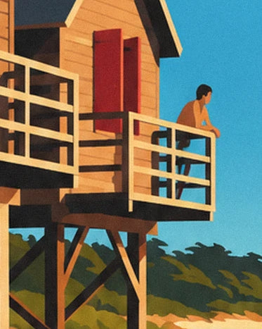 A figure resting their elbows on the pale railing of the cabin with red shutters