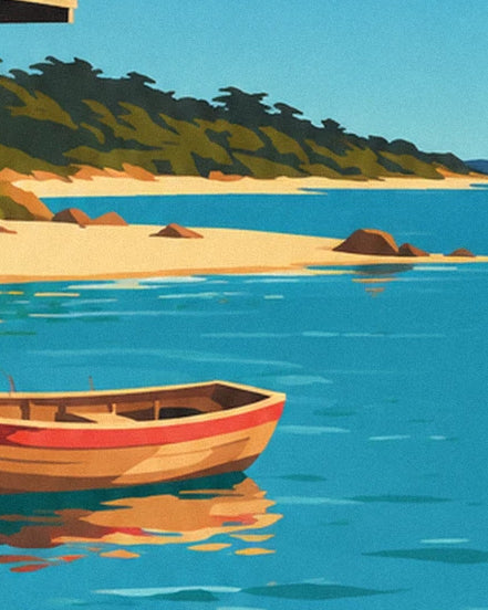 A wooden rowing boat with a red rim on turquoise water in front of the sandbanks