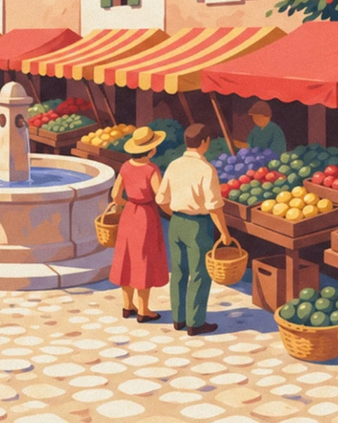 Le couple aux paniers devant les étals de fruits, près de la fontaine du marché