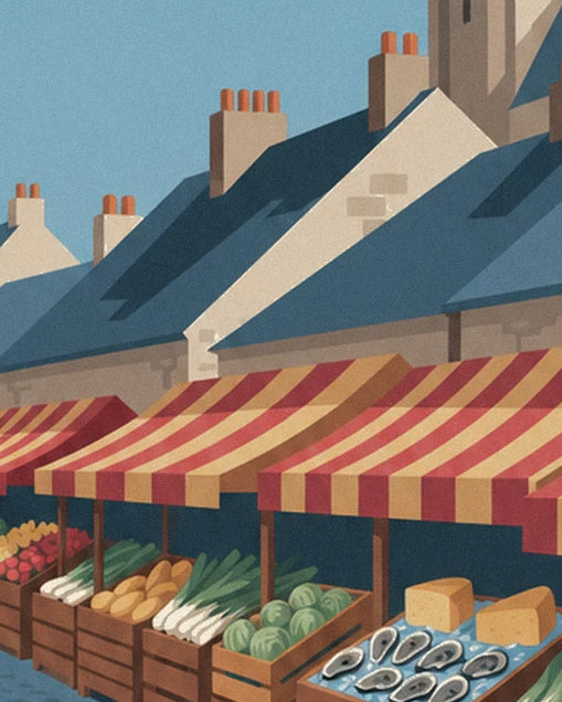 The slate roofs and red and yellow striped awnings above the stalls