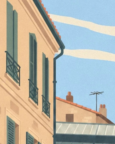 Ochre façades with green shutters, small iron balconies and tiled roofs