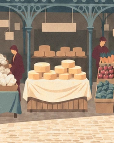 Wheels of cheese on a cream tablecloth beneath the arches of the marché des Capucins