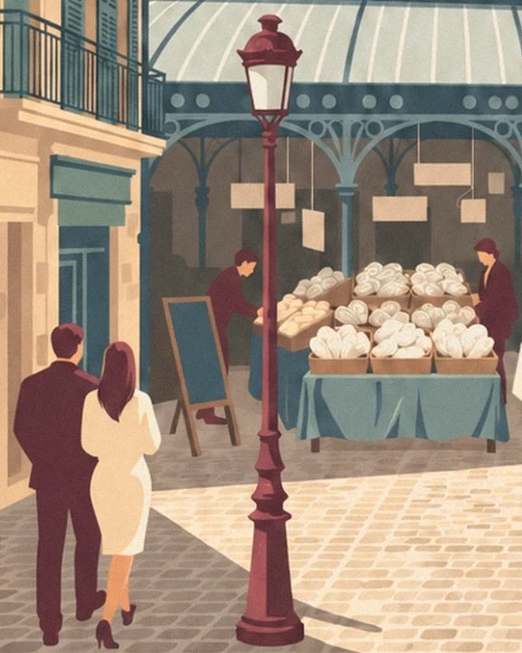 A couple in front of the bread stall beside a red street lamp in the covered market
