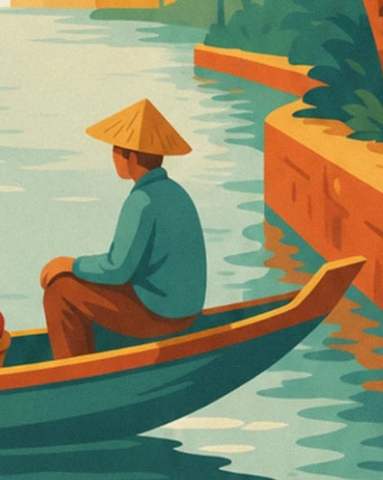 The boatman in a conical hat and turquoise shirt in his boat
