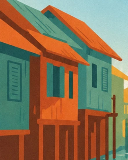 Stilt houses with turquoise and orange façades and orange roofs