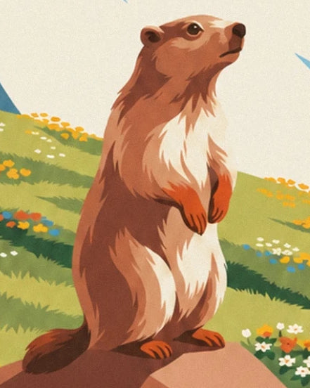 The marmot with brown and cream fur standing on its rock in the flower-filled meadow