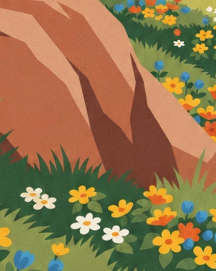 A rock in ochre and brown tones, edged with yellow, white and blue flowers