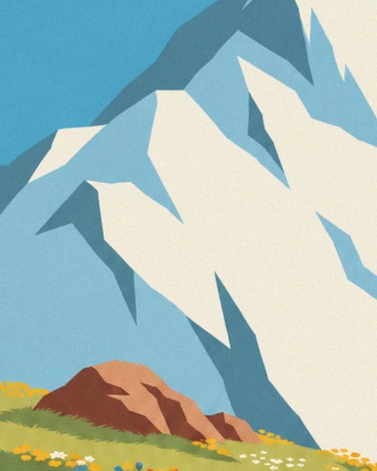 The snowy peaks of the Alpes above the rocks and flower-filled meadow
