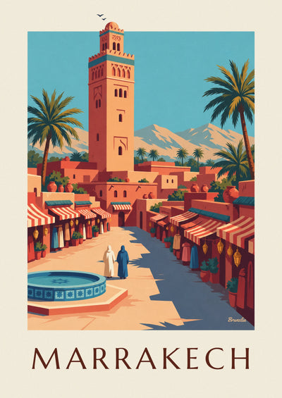 Poster mit der Medina von Marrakesch und dem Minarett der Koutoubia: das ganze Poster
