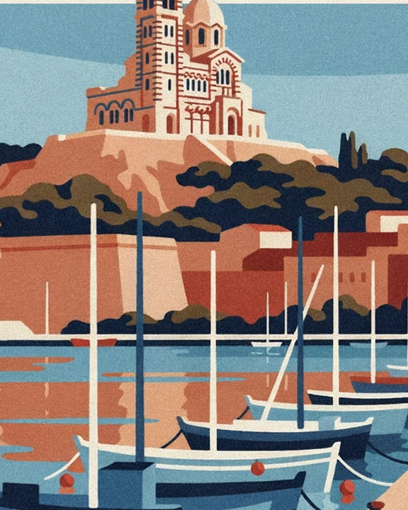 Notre-Dame de la Garde sur son rocher, au-dessus des barques amarrées
