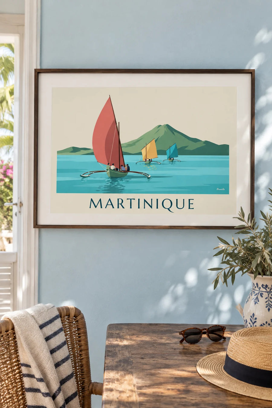 Affiche yoles rondes en course au large de la Martinique : encadrée au mur