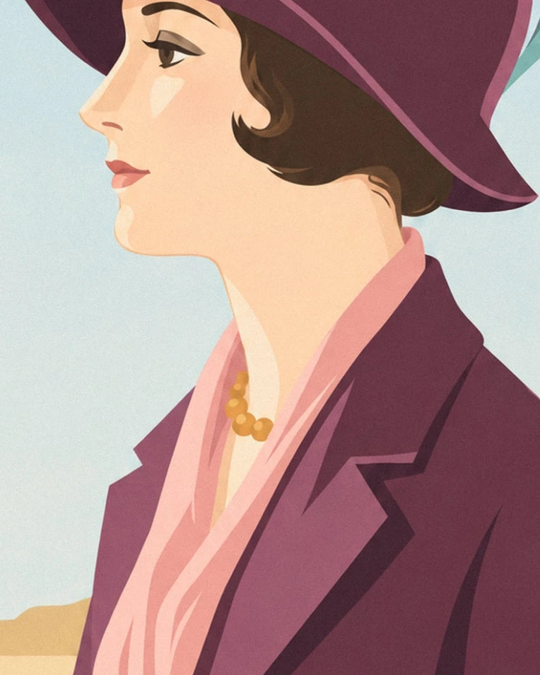Affiche femme élégante au chapeau à longue plume : détail en gros plan