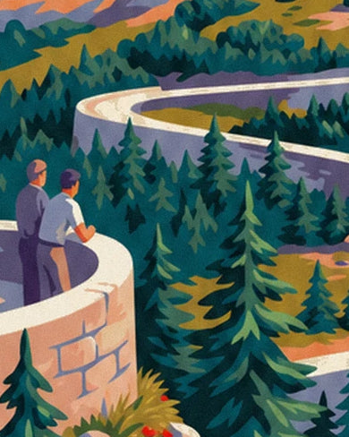 Die 2 Zuschauer an der Steinmauer, mit Blick auf die Serpentinen, die sich zwischen den Tannen hinaufwinden