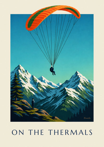 Poster mit Gleitschirmflieger über verschneiten Gipfeln: das ganze Poster