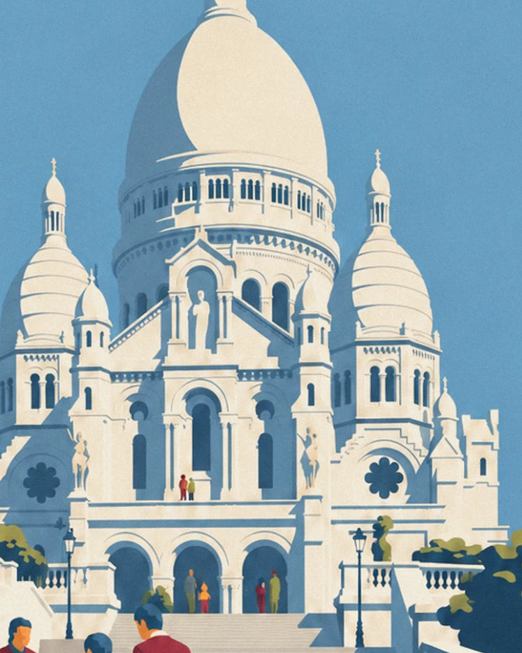 Das weiße Sacré-Cœur und seine Kuppeln vor klarem blauem Himmel