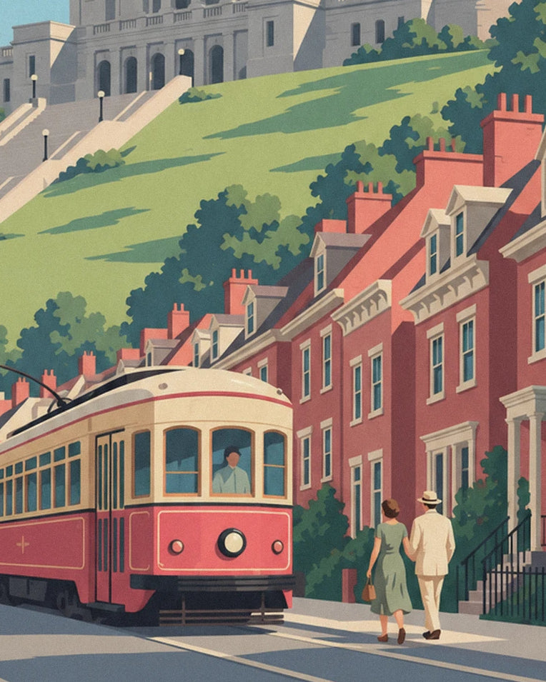 Poster rote Straßenbahn auf dem Weg zum Saint-Joseph-Oratorium: Detail in Nahaufnahme