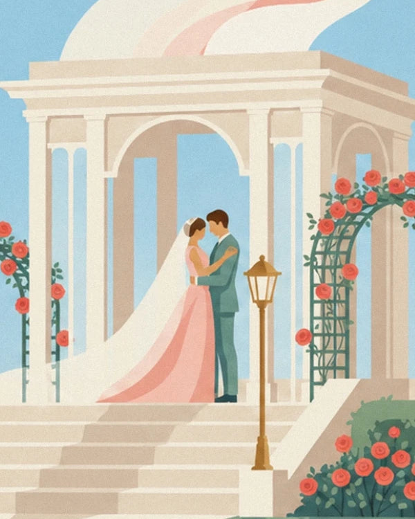 Les mariés enlacés au pied du pavillon à colonnes, la mariée en robe rose et long voile