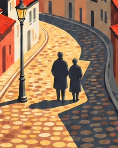 The 2 figures near the street lamp in a cobbled street with long shadows