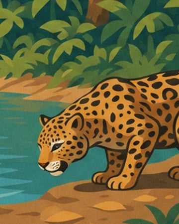 The jaguar with golden fur and black spots beside the turquoise water in Amazonie