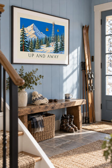 Affiche télécabines jaunes au-dessus des sapins enneigés : encadrée au mur