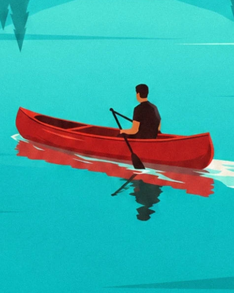 Un pagayeur en t-shirt noir dans un canoë rouge sur le lac turquoise