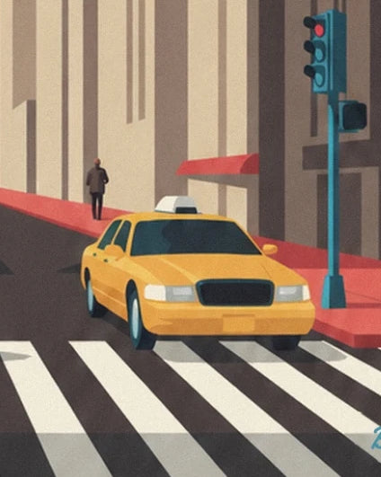 Ein gelbes Taxi vor dem Fußgängerüberweg, neben der roten Ampel und dem Gehweg