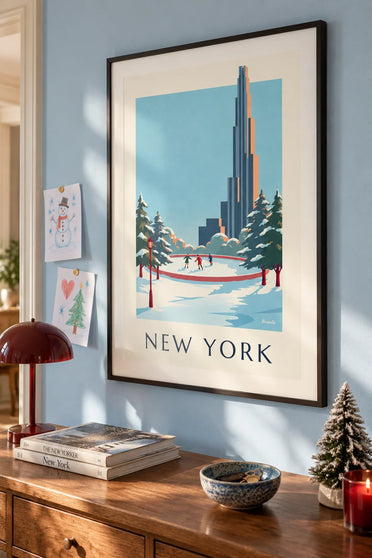 Poster Central Park mit Eisbahn im Winter in New York: gerahmt an der Wand