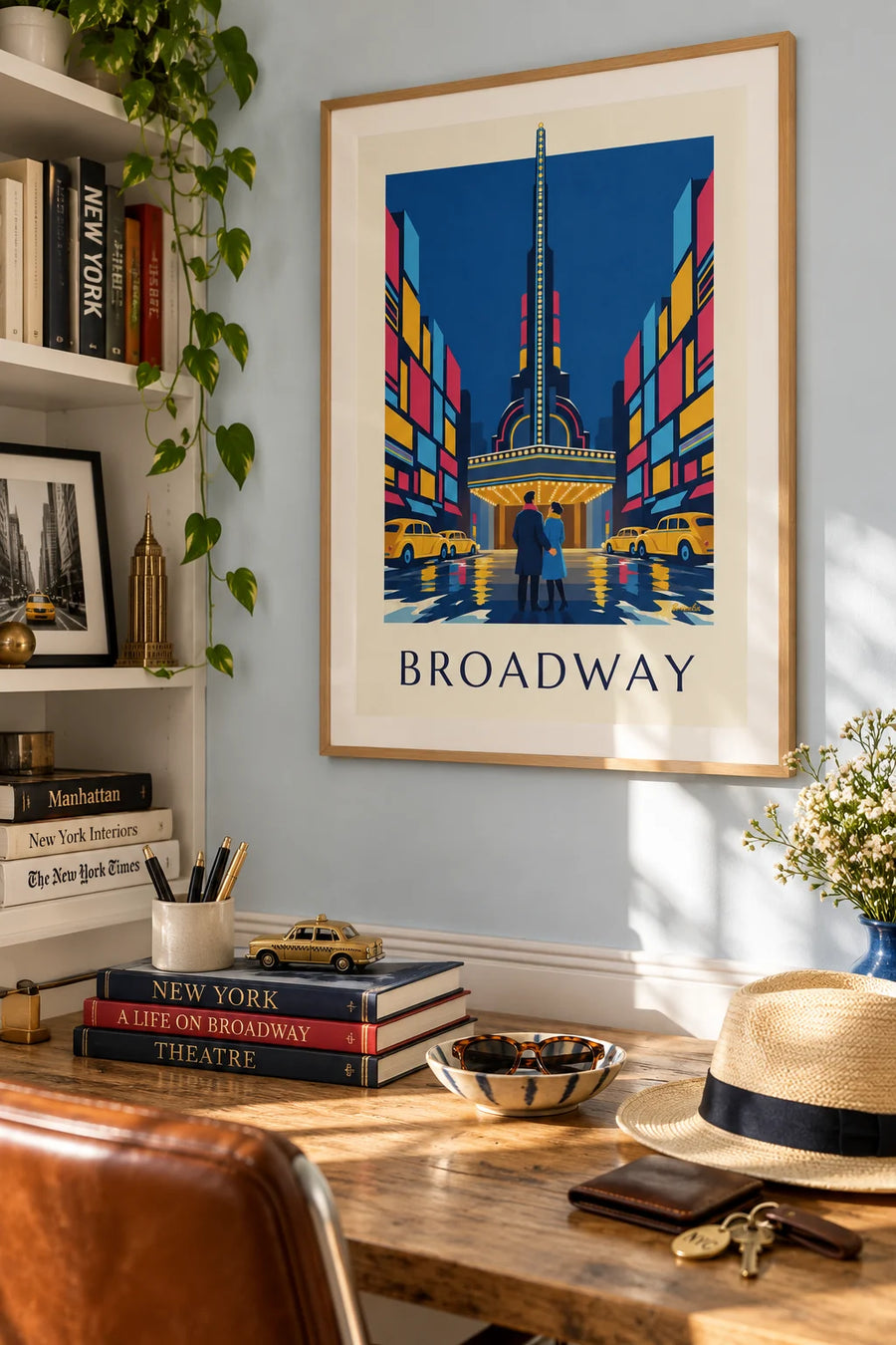 Poster of a couple in front of an illuminated Broadway theater at night: framed on the wall