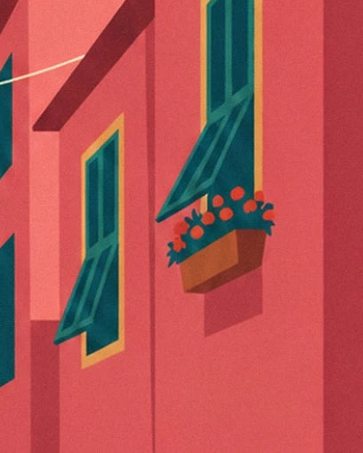 The half-open green shutters and flowering window box on a pink façade