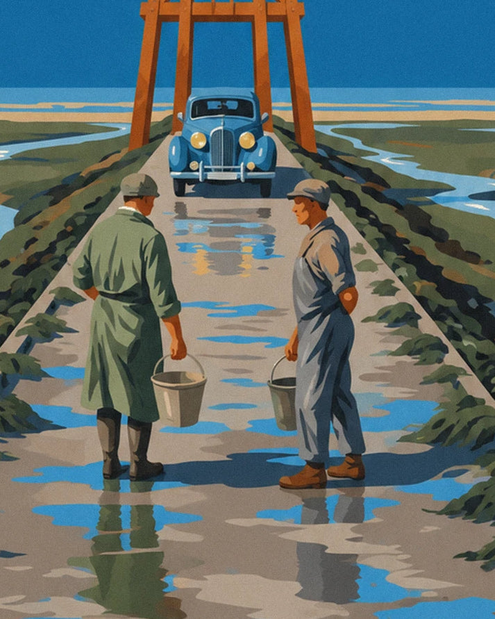 2 Muschelsammler mit Eimern in der Hand vor einem blauen Auto auf dem überfluteten Damm