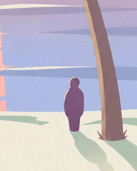 Une silhouette violette sur le sable clair, au pied d'un palmier, face à la mer
